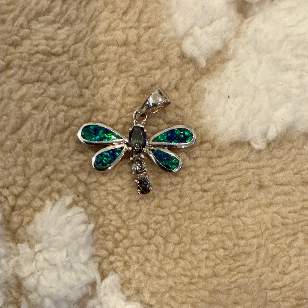 Silver Dragonfly Pendant with Blue and Green Accents